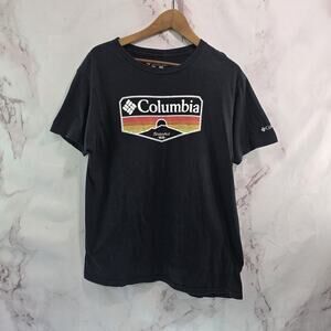 Columbia T Shirt Mens Medium Black Orange Tee Crew Neck Short Sleeve Sunset Logo